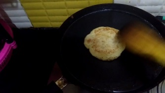 Flip pancake when bottom is light brown as shown.